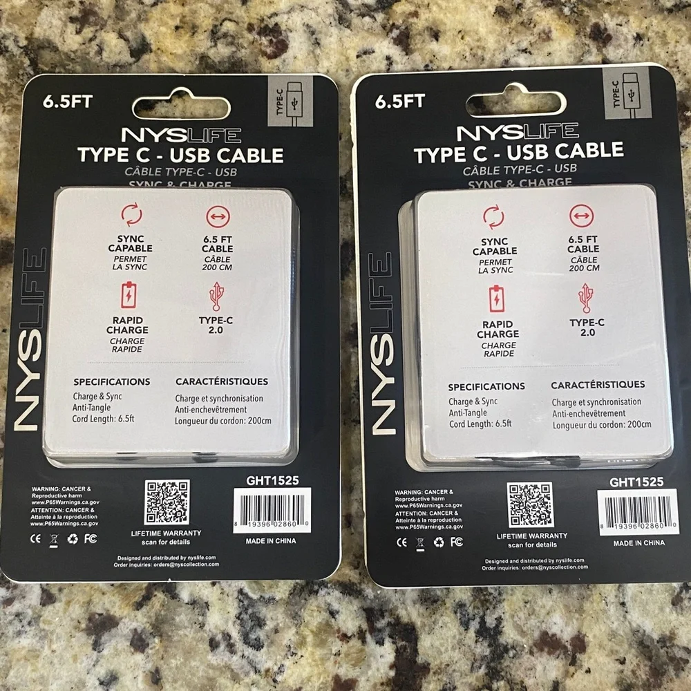 Black Type-C USB Cable 6.5FT